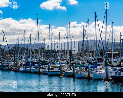 Monterey, California, 19 febbraio 2018: La storica Cannery Row, il Fisherman's Wharf e il porticciolo sono disseminati di monumenti e sculture. Foto Stock