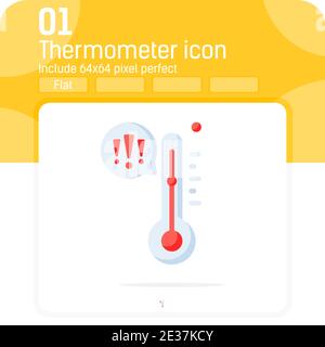 Termometro con icona a forma di punto esclamativo con forma piatta isolato su sfondo bianco. Immagine vettoriale cartoon simbolo di temperatura estremamente alta Illustrazione Vettoriale