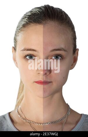 bella giovane donna su sfondo bianco, concetto di bellezza. ritocco prima e dopo. viso diviso in due parti, cattivo stato della pelle e buono Foto Stock