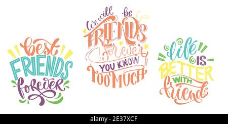 Citazione sugli amici. Buon giorno di amicizia frase. Elementi vettoriali per t-shirt, borse, poster, carte, adesivi e badge. Illustrazione Vettoriale