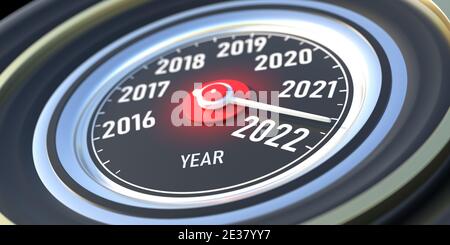 Conto alla rovescia per il nuovo anno 2022. Tachimetro indicatore auto, indicatore in avvicinamento a 2022. illustrazione 3d Foto Stock