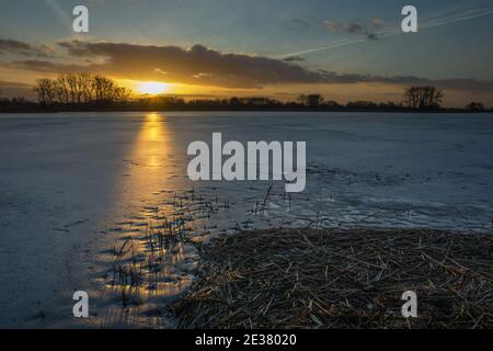 Bagliore del sole che tramonta su un lago ghiacciato con canne, paesaggio invernale serale Foto Stock