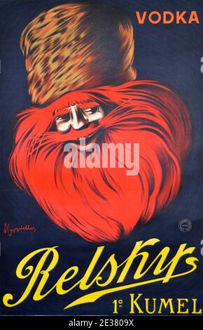 Poster vintage che promuove Relsky Vodka con l'uomo rosso bearded che guarda abbastanza felice con se stesso. 1925 Foto Stock
