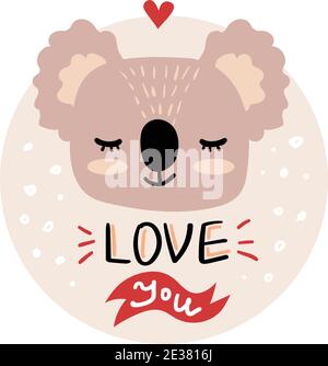 Vettoriale, clip art, illustrazione di San Valentino disegnata a mano. Favola divertente, animale da foresta, faccia di kaola. Adesivo, stampa per schede, poster t-shirt Othe Illustrazione Vettoriale