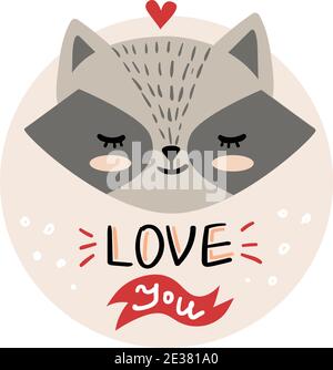 Vettoriale, clip art, illustrazione di San Valentino disegnata a mano. Favola divertente, animale da foresta, viso di procione. Adesivo, stampa per cartoline, poster t-shirt ot Illustrazione Vettoriale
