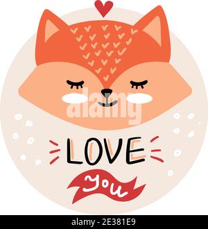 Vettoriale, clip art, illustrazione di San Valentino disegnata a mano. Divertente, fiaba, animale da foresta, volpe, viso. Adesivo, stampa per schede, poster t-shirt Othe Illustrazione Vettoriale