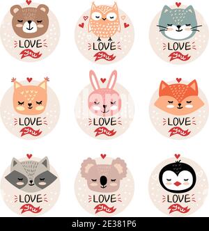 Insieme di facce animali disegnate a mano da un vettore. Illustrazione del giorno di San Valentino. Favola divertente, facce animali della foresta. Adesivo, stampa per cartoline, poster t-shirt Illustrazione Vettoriale