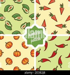 Verdure senza cuciture sfondi set- modelli vettoriali con avocado, carota, zucca, pepe. Verdure divertenti. Simpatici motivi senza cuciture. Illustrazione Vettoriale