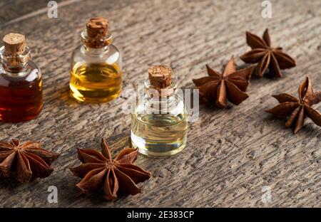 Bottiglie di olio essenziali con anice stellato Foto Stock