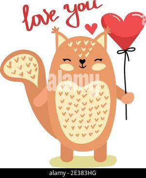 Carta da giorno di San Valentino disegnata a mano con simpatico scoiattolo divertente, cuori, testo ti amano. Illustrazione vettoriale. Design piatto in stile scandinavo. Illustrazione Vettoriale