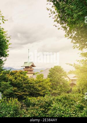 Pagoda in controluce in Giappone circondato da vegetazione, alberi e arbusti Foto Stock