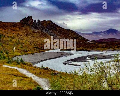 Denali, Alaska, USA: 5 settembre 2016: Panorama del Canyon del fiume Savage. Foto Stock