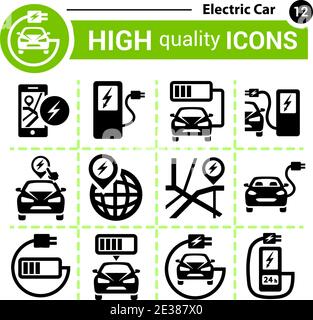 Set di icone Vector Electric Car. Incluse le icone come batteria, caricabatterie, stazione, presa, automobile, ricaricabile e molto altro. Illustrazione Vettoriale