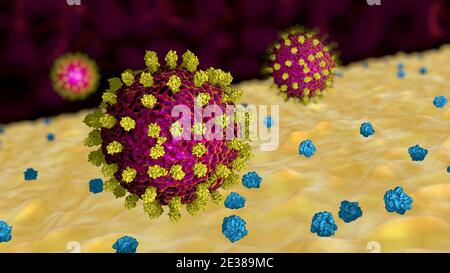 Virus rosso Covid 19 con punte gialle galleggianti su una superficie gialla con proteine blu su sfondo rosso scuro. Illustrazione 3D Foto Stock