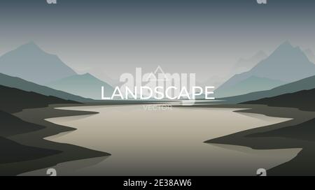 Lago al tramonto natura con montagne paesaggio. Natura sfondo. Illustrazione vettoriale Illustrazione Vettoriale