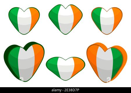 Illustrazione sul tema festa irlandese San Patrizio giorno, grande set colore cuori. Pattern giorno di San Patrizio composto da molti cuori identici su sfondo bianco Illustrazione Vettoriale