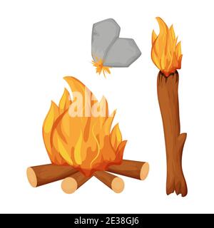 Impostare campfire età pietra, tortch e pietre affilate per il fuoco isolato su sfondo bianco stock illustrazione vettoriale. Collezione di antichi utensili di caveman. Illustrazione vettoriale Illustrazione Vettoriale