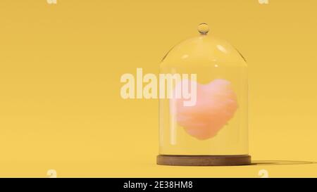 Nuvola rosa a forma di cuore sotto la campana di vetro con piatto di noce. Bella ombra su sfondo giallo. Concetto minimo di San Valentino con copia Foto Stock