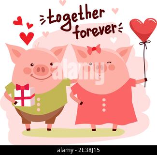 Illustrazione vettoriale di carino cartoon maiali coppia e testo. Simbolo del nuovo anno 2019 per il web, il sito, il biglietto d'auguri, il poster del giorno di San Valentino Illustrazione Vettoriale
