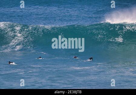 Surfista molto distante in attesa di un turno di cavalcare un'onda. Foto Stock