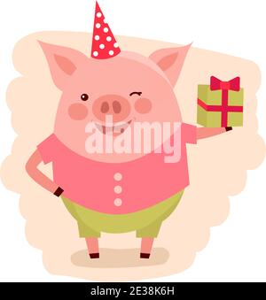 Buon biglietto d'auguri per il compleanno. Happy Pig con regalo colorato. Illustrazione vettoriale. Illustrazione Vettoriale