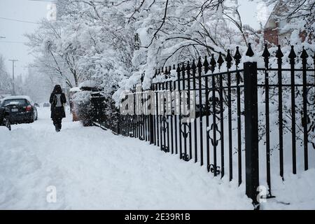 Ottawa innevata! Scene di Ottawa durante un nuovo dumping di 25 cm. Pedoni passeggiate lungo un marciapiede nevoso vicino a una recinzione giardino coperta di neve. Foto Stock