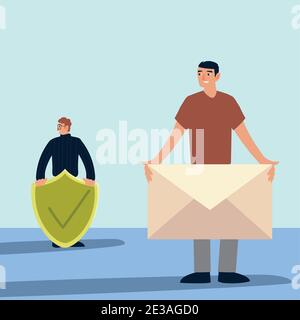 due uomini con protezione di schermo e vettore di disegno di messaggio di busta illustrazione Illustrazione Vettoriale