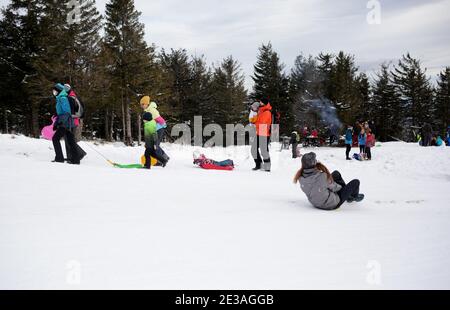 Skrzyczne, Polonia - Gennaio 17,2021 : persone che si rilassano nei Beskids della Slesia, a Skrzyczne e nelle piste da slitta e sci circostanti. Foto Stock