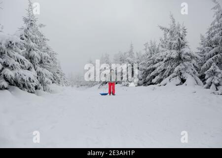 Skrzyczne, Polonia - Gennaio 17,2021 : persone che si rilassano nei Beskids della Slesia, a Skrzyczne e nelle piste da slitta e sci circostanti. Foto Stock