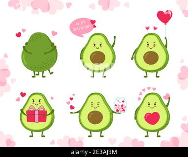 Cartoni animati Avocado per biglietto d'auguri San Valentino. Personaggio simpatico avocado verde disegnato a mano con cuori, palloncino, regalo e pacco. Gli adesivi romantici per striscioni amano l'illustrazione vettoriale Illustrazione Vettoriale