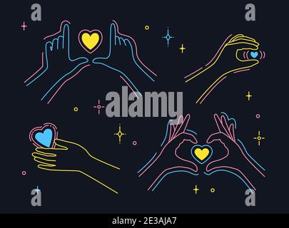 Le mani femminili gesti segno d'amore coreano. Cartolina scura San Valentino, la mano tiene il cuore. Simbolo dell'amore del dito. Design simbolo stile minimalista. Ti amo icona a colori. Illustrazione del vettore di saluto Illustrazione Vettoriale