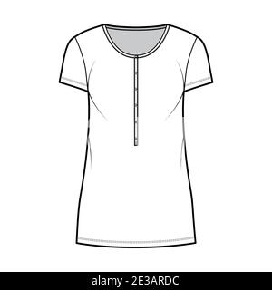 Camicia abito mini tecnica illustrazione moda con collo henley, maniche corte, oversize, matita pienezza, maglia stretch. Mascherina di abbigliamento piatta anteriore, colore bianco. Donne, uomini, unisex CAD mockup Illustrazione Vettoriale