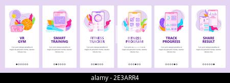 Allenamento intelligente, fitness tracker, palestra di realtà virtuale. Schermate di onboarding delle app mobili, modello di banner dei siti Web vettoriali. Illustrazione Vettoriale