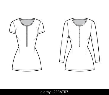 Set di abiti da camicia mini illustrazione tecnica di moda con collo henley, maniche corte, lunghe, corpo inserito, maglia stretch. Parte anteriore della dima piatta, colore bianco. Donne, uomini, unisex CAD mockup Illustrazione Vettoriale