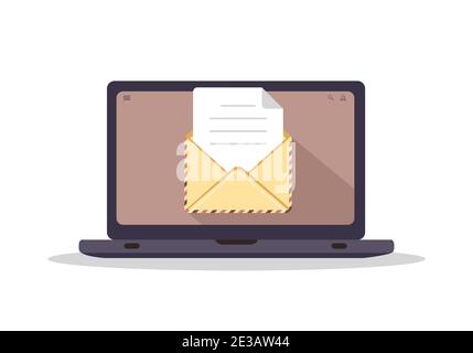 Busta sullo schermo del computer. Concetto di invio o ricezione di e-mail. Cartolina retrò e carta kraft. Lettere o corrispondenza. Illustrazione vettoriale in Illustrazione Vettoriale