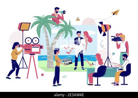Fotocamera equipaggio scatto clip con felice coppia sulla spiaggia, flat vettoriale illustrazione. Produzione di clip musicali. Illustrazione Vettoriale