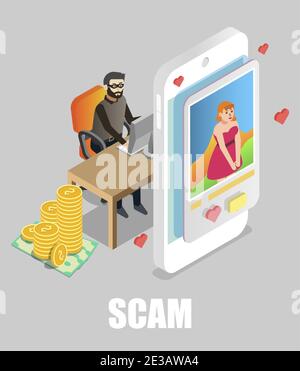 Ragazza che chiacchiera con scammer, piatto vettore immagine isometrica. Online datazione truffa. Illustrazione Vettoriale