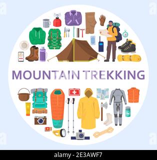 Set di attrezzature per trekking in montagna, illustrazione isolata vettoriale piatta. Composizione di cerchio di attrezzatura per escursioni e campeggio. Illustrazione Vettoriale