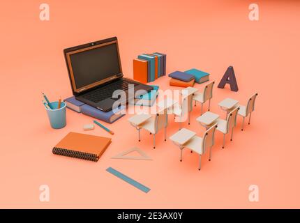 Illustrazione 3D. Forniture scolastiche e oggetti con computer portatile. Foto Stock