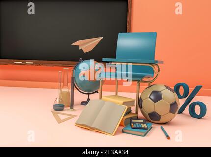 Illustrazione 3D. Forniture scolastiche e articoli. Foto Stock