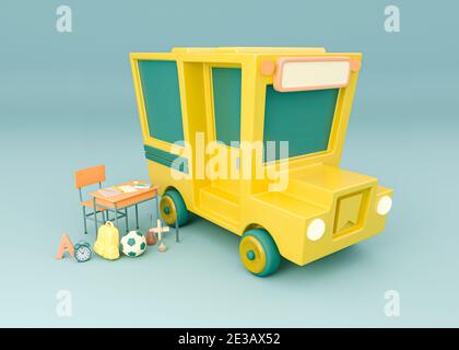 Illustrazione 3D. Bus scolastico con forniture scolastiche. Foto Stock