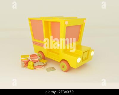 Illustrazione 3D. Bus scolastico con forniture scolastiche. Foto Stock