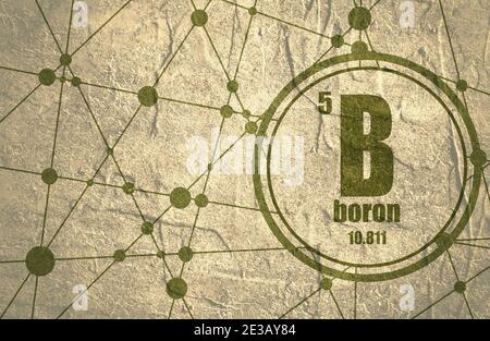 Il boro elemento chimico. Segno con numero atomico e peso atomico. Elemento chimico della tavola periodica. Molecola e la comunicazione dello sfondo. Atto Foto Stock