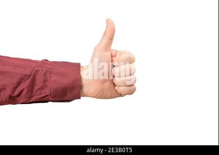 la mano maschile pollici in su. la mano dell'uomo in camicia di borgogna pollici in su. isolato su sfondo bianco. Closeup della mano maschile che mostra pollici in su segno contro bac bianco Foto Stock