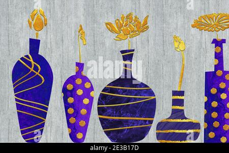 Vasi blu e viola di varie forme con astratto dorato fiori su sfondo grigio Foto Stock