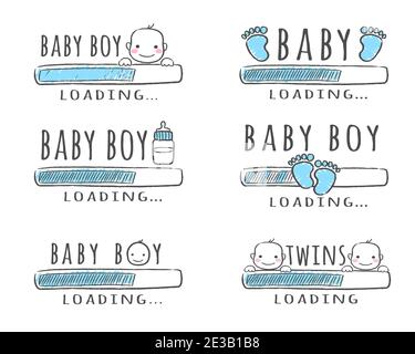 Barra di avanzamento con iscrizione - Baby Boy Caricando la collezione in stile abbozzato. Illustrazione vettoriale per il design della t-shirt, poster, cartoncino, acquazzone per bambini Illustrazione Vettoriale