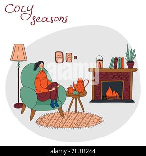 Donna felice che riposa a casa. Casa accogliente con camino. Concetto stagionale per carte, poster, adesivi. Illustrazione piatta disegnata a mano Illustrazione Vettoriale