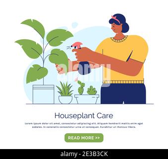 Concetto di cura di houseplant. Giovane donna coltiva di piante indoor. Modello di intestazione con posizione per il testo. Illustrazione vettoriale in stile trendy isolato Illustrazione Vettoriale