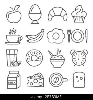 Icone della prima colazione e della linea del mattino su sfondo bianco Illustrazione Vettoriale
