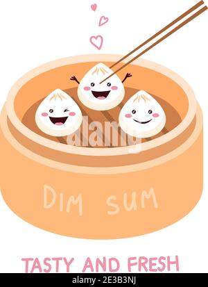 Carino fumetto Dim Sum, gnocchi cinesi tradizionali, con volti sorridenti. Illustrazione del vettore alimentare asiatico. Illustrazione Vettoriale